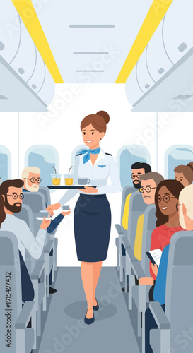 Smiling Flight Attendant Serves Drinks To Passengers In Airplane Cabin Interior