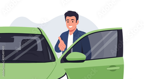 Smiling Man Offers Handshake Next To Open Car Door Ready For Sale