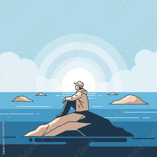 Solitude On Rocky Outcrop Overlooking Calm Horizon