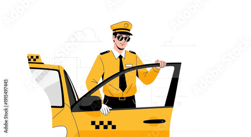 Smiling Taxi Driver Standing By Yellow Cab Door Ready For Service