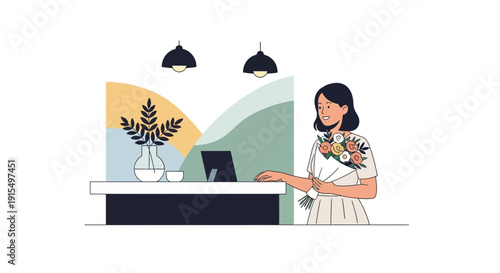 Smiling Woman Holding Vibrant Bouquet Inside a Modern Interior Space