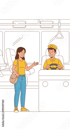 Smiling Woman Pays Bus Driver Greeting Friendly Commute Journey