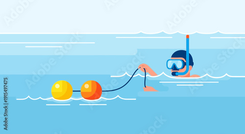Snorkeler Holding Line With Buoys In Blue Ocean Water