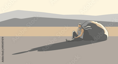 Solitude Under Vast Skies A Lone Figure Rests Beside A Boulder