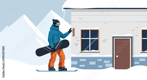 Snowboarder Approaches Snowy Mountain Lodge For Warmth And Shelter