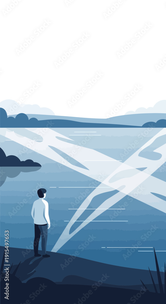 Obraz premium Solitary Contemplation Of Vast Natural Water Body Serene Blue Vista