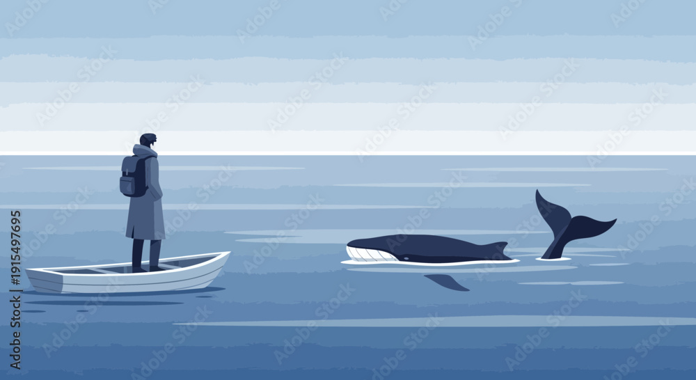 Obraz premium Solitary Explorer Encounters Majestic Whale Pod In Vast Ocean Expanse