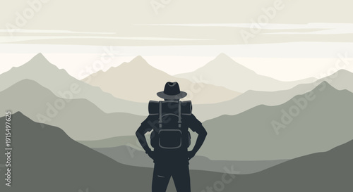 Solitary Adventurer Gazing At Majestic Mountain Panorama Serene And Inspiring