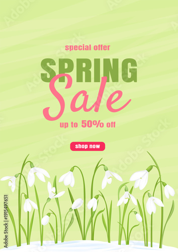 Sale banner with spring sale text and snowdrop flowers. Vector illustration.