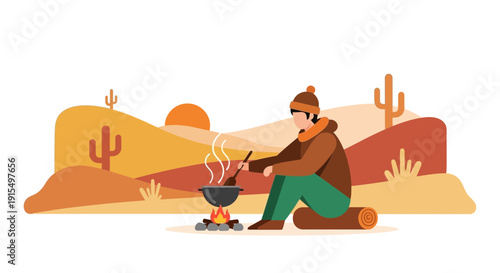 Solo Desert Dweller Cooking Warm Meal Over Campfire Sunset Vista Illustration