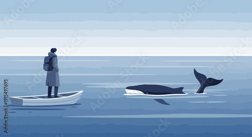 Solitary Explorer Encounters Majestic Whale Pod In Vast Ocean Expanse