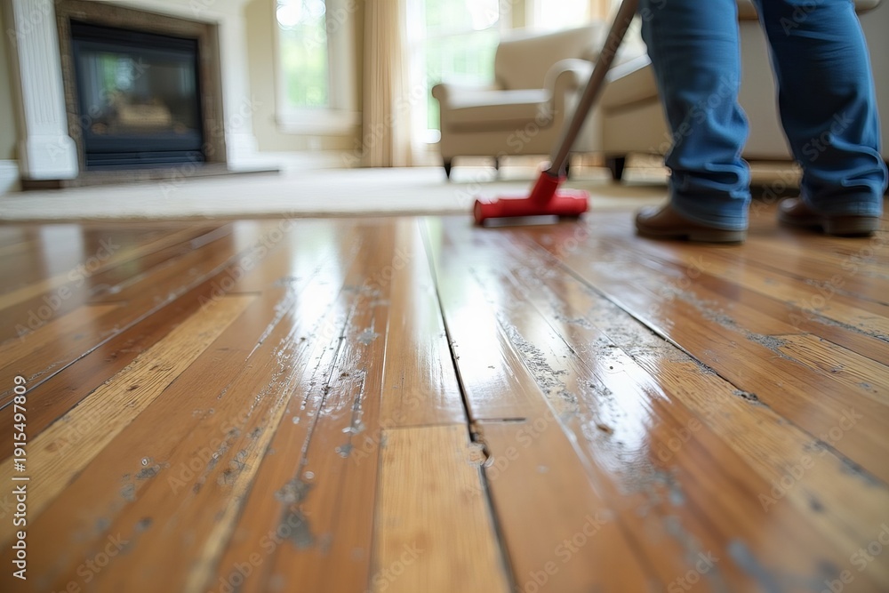 Obraz premium Restoring Water-Damaged Laminate Flooring: A Detailed Close-up of the Repair Process in a Home