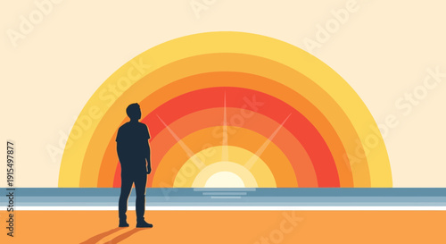 Solitary Figure Gazing At A Vibrant Sunset Over The Ocean Horizon