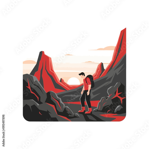 Solo Hiker Navigates Dramatic Crimson Mountainous Terrain At Sunrise