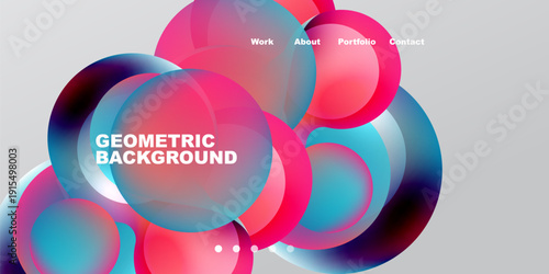 Abstract colorful shapes overlap. Gradient hues create dynamic visual effect. Text displays geometric background, navigation options present.