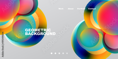 Abstract colorful shapes overlap gray background. Navigation menu present, text reads geometric background. Dots indicate slides.