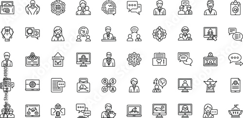Large Set of Thin Line Business People Icons for Human Resources Team Collaboration and Corporate Communication