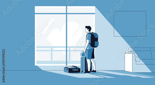 Solo Traveler Anticipates Adventure Gazing Out Large Window