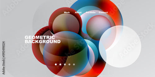 Abstract design features overlapping circles, vibrant colors. Text labels include work, about, portfolio, contact. Geometric background dominates dark space.