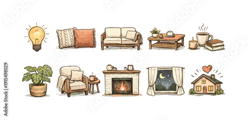 Cozy home, hygge outline icon set. Comfort, relaxation, warmth icons outline collection.