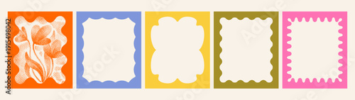Frame border with scallop wavy edge shape. Fun bold frame and grainy blur halftone flower photo art. Square rectangle cute vector border. Boarder pattern, fun bold retro sticker, wavy wiggle design bg