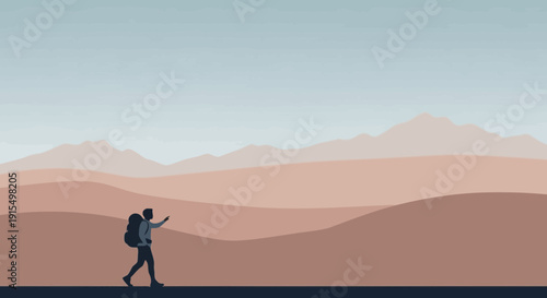 Solo Traveler Exploring Vast Desert Landscapes with Rolling Hills and Distant Mountains