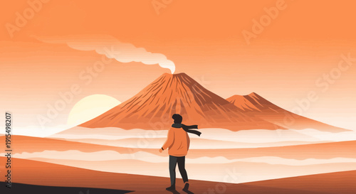 Solo Traveler Gazes At Majestic Volcano Sunrise