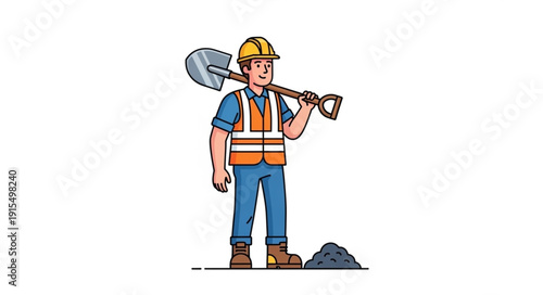Construction Worker with Shovel Cartoon.