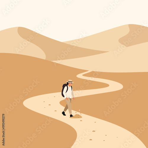 Solo Trekker Navigates Winding Path Through Expansive Arid Dunes
