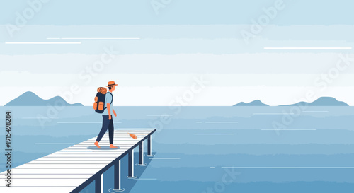 Solo Traveler Walks Down Wooden Pier Towards Ocean Horizon