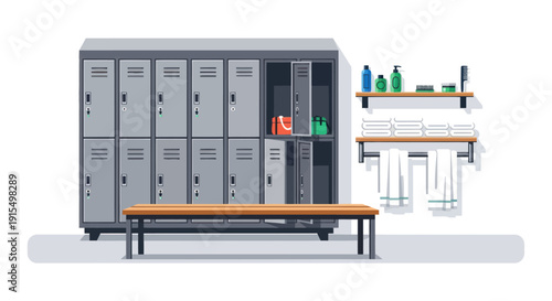 Locker Room Interior with Metal Lockers Bench and Shelves.