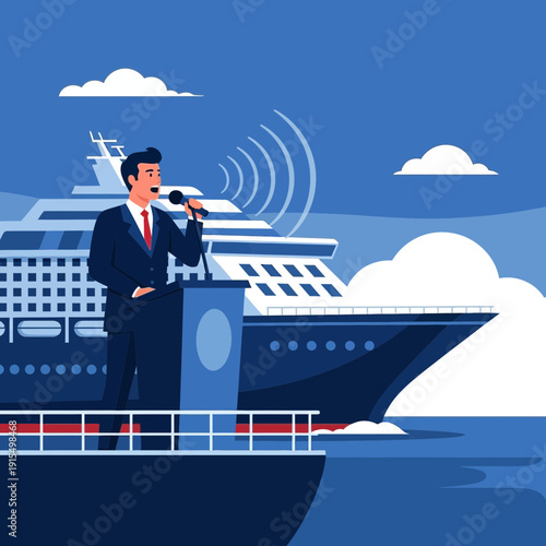 Speaker Addressing Crowd On A Luxury Cruise Ship Deck