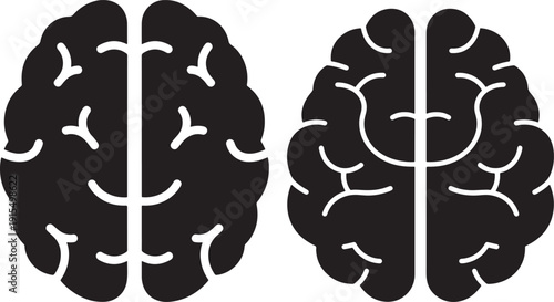 Two stylized black and white human brain outlines, one simplified and one with more detail, symbolizing thinking and intellect