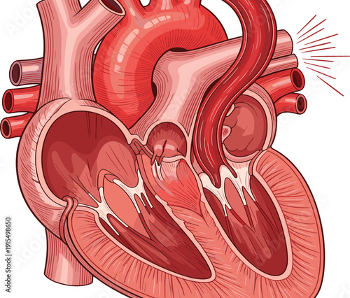 Detailed anatomical of a human heart with visible chambers and valves