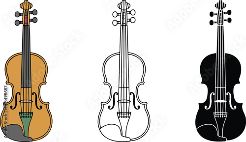 Violin silhouette & Outline and illustration set isolated on transparent background