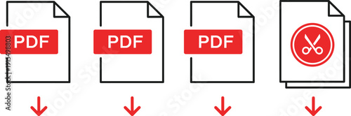 PDF Document Download and File Editing Icon Set with Red Download Arrows