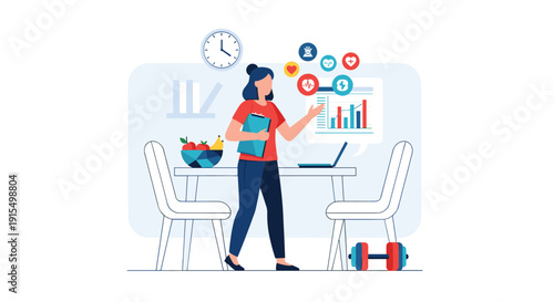 Woman managing her healthy lifestyle at a standing desk, with a laptop showing fitness data and icons for diet, exercise, and well-being.