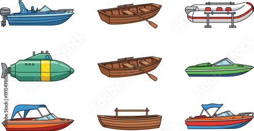 Vector set of various boats including motorboat wooden rowboat submarine and inflatable raft icons for marine transportation travel and nautical design projects.