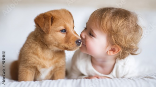 Labrador puppy with children, A toddler with curly hair gently kisses a small brown puppy, sharing a tender moment of affection and innocence on a white bed.