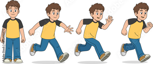 Cartoon boy in standing, walking, jogging, and running stages, symbolizing motion, activity, fitness, and animation sequence