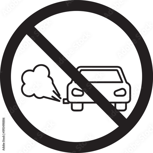 Black and white prohibition sign showing a car emitting exhaust fumes, symbolizing no pollution zones or emission restrictions