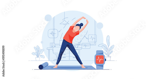 Woman practicing a morning stretching or yoga routine at home on a mat, with a smartwatch tracking her heart rate and fitness.