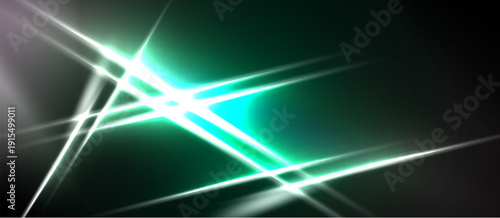 Abstract light streaks intersect, creating vibrant energy. Teal, white hues dominate dark background. Modern design element.