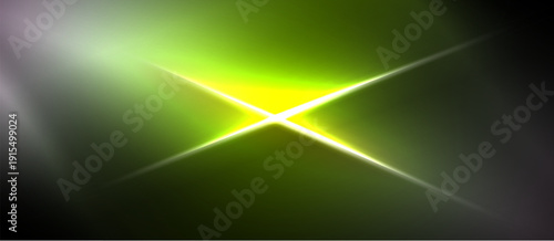 Bright yellow starburst dominates green, gray background. Soft gradients create abstract light effect. Minimalist design, simple composition.