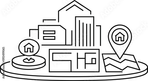 Real Estate Map Location and Smart City Development Line Art Vector Illustration