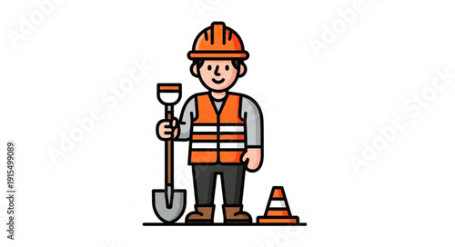 Construction Worker with Shovel and Cone.