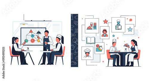 Restaurant staff training scenes, including a head chef conducting a briefing and a collage of various roles in the hospitality industry.
