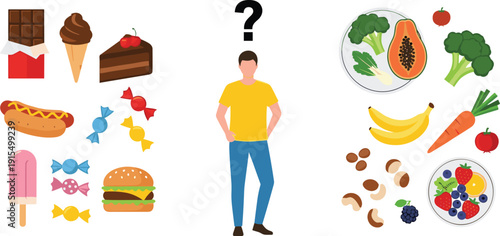 Man choosing between healthy and unhealthy food nutrition decision concept flat vector illustration isolated on white background