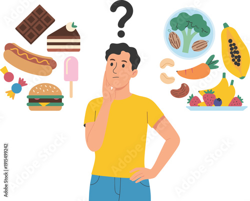 Man choosing between healthy and junk food nutrition decision diet lifestyle flat vector illustration