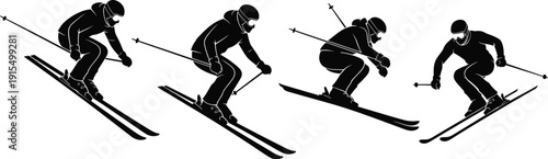 Skier silhouette set in jumping and downhill poses winter sport activity black vector illustration collection